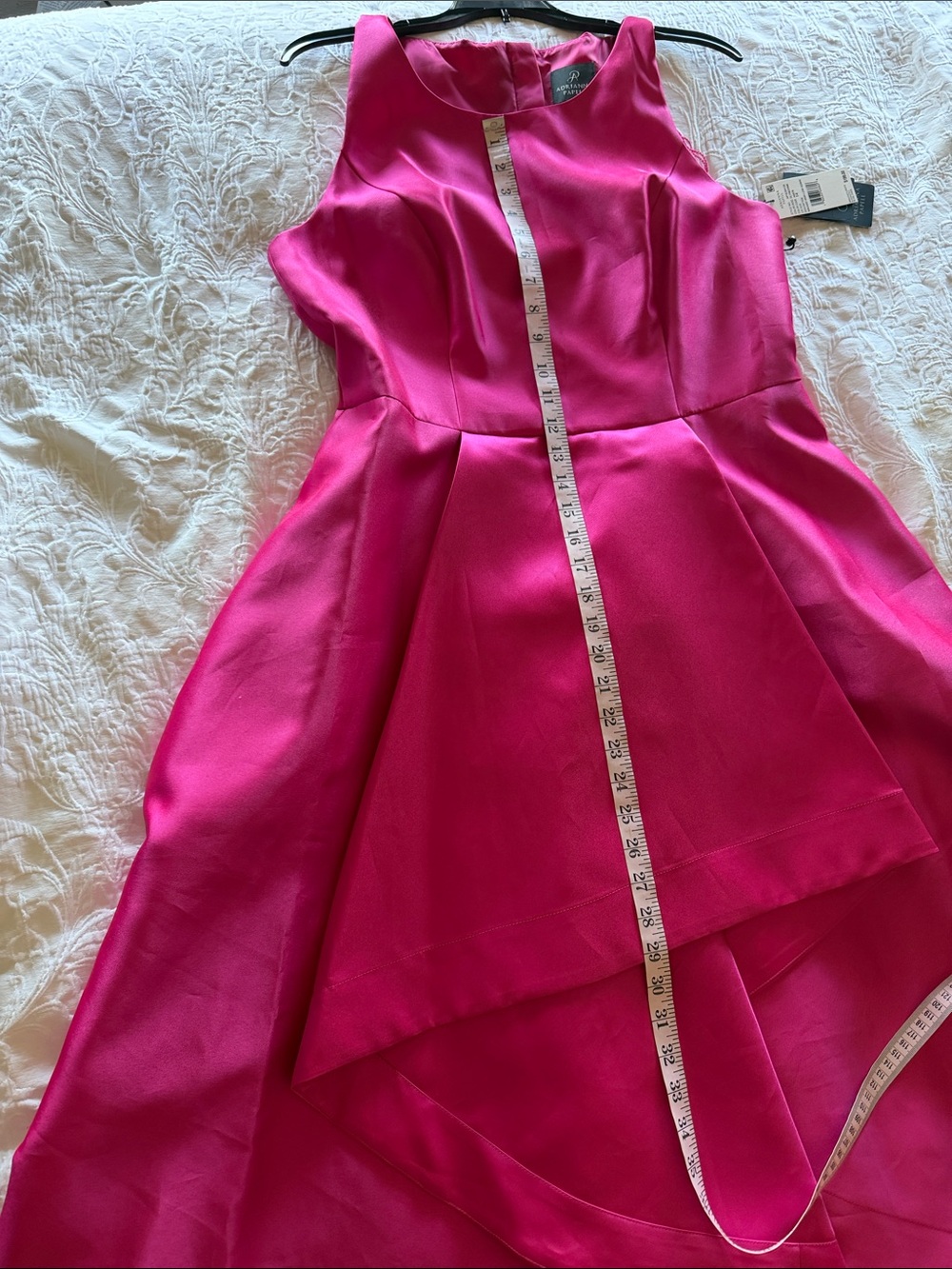 Adrianna Papell Mikado Asymmetrical Electric Pink Fit and Flare High Low Gown - Picture 12 of 13